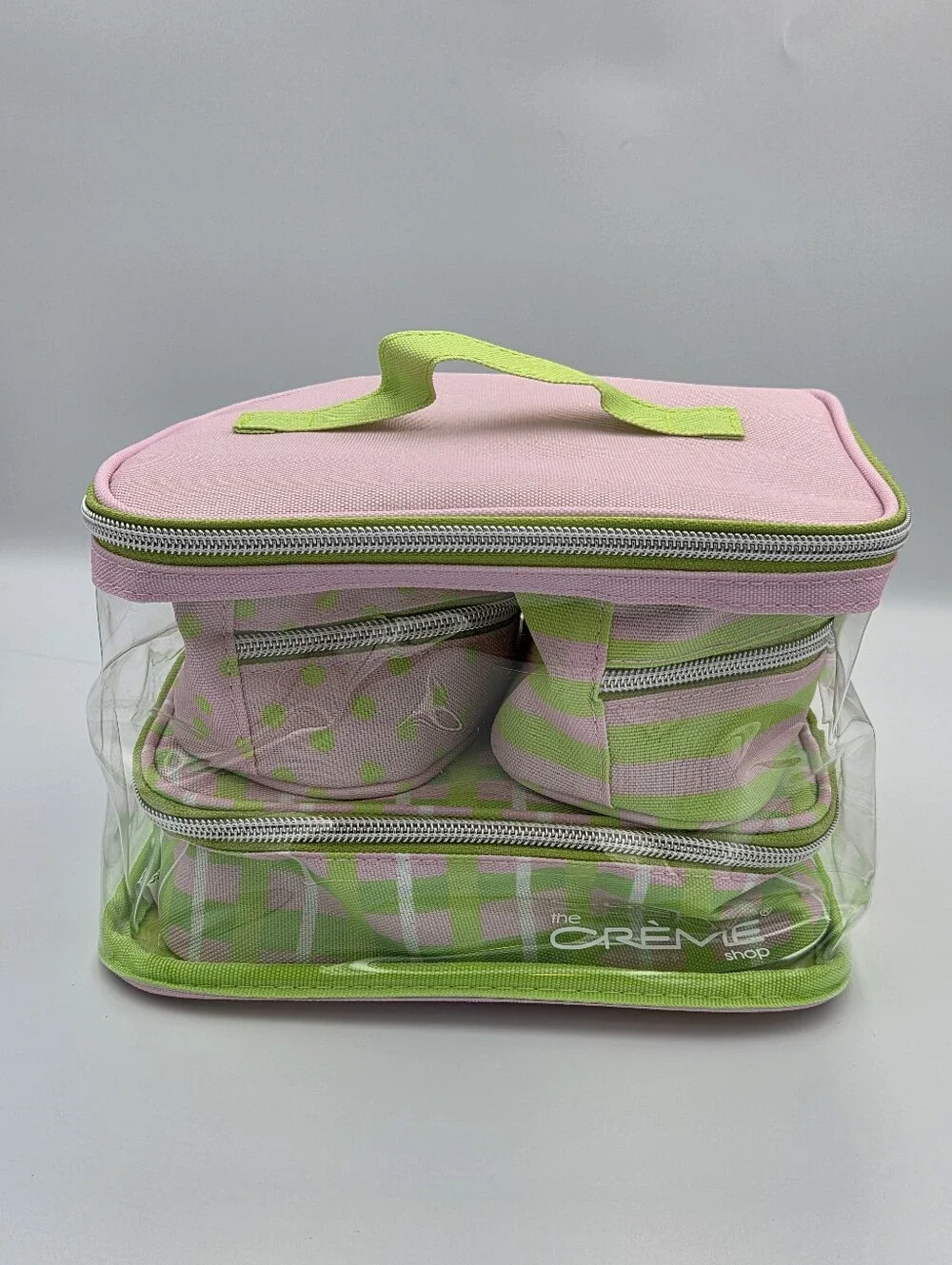 The Creme Shop Pink & Light Green Travel Cosmetic 3 Piece Set Nwt